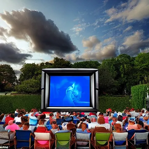 Prompt: futuristic film festival frameout shows films from predominantly domestic production on a summer outdoor cinema screen, salvador dali style