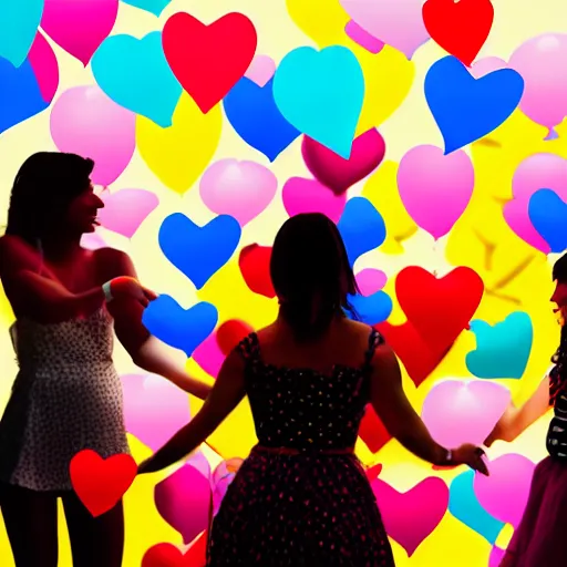 Prompt: silhouette of young women at a party with balloons and lots of hearts floating in the air