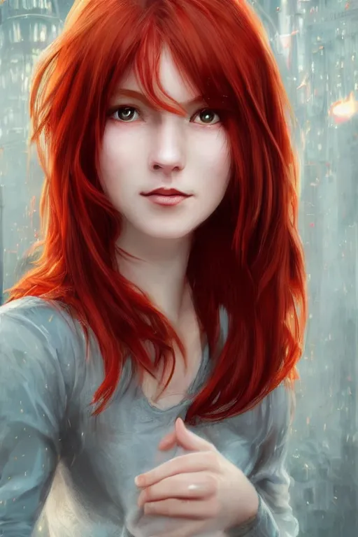 Image similar to beautiful cute red haired joyful and playful 1 9 year old maiden standing up in casual clothing, long hair, smirky face, modern city, rpg character, sci - fi, fantasy, intricate, elegant, digital painting, artstation, concept art, smooth, 8 k frostbite 3 engine, ultra detailed, art by artgerm and greg rutkowski and magali villeneuve