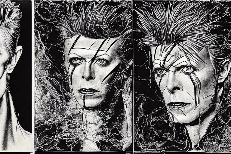 Image similar to david bowie aladdin sane by ed fairburn, joseph clement coll, franklin booth