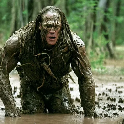 Prompt: film still of john cena as major dutch, covered in mud and hiding, a blurred predator is visible in swamp scene in 1 9 8 7 movie predator, hd, 8 k