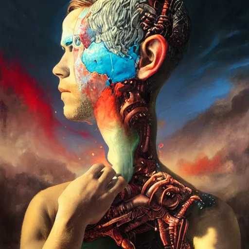 Image similar to olympian god, melting, 8 k, by tristan eaton, stanley artgermm, tom bagshaw, greg rutkowski, carne griffiths, ayami kojima, beksinski, giger, trending on deviantart, face enhance, hyper detailed, minimalist, cybernetic, android, blade runner, full of colour