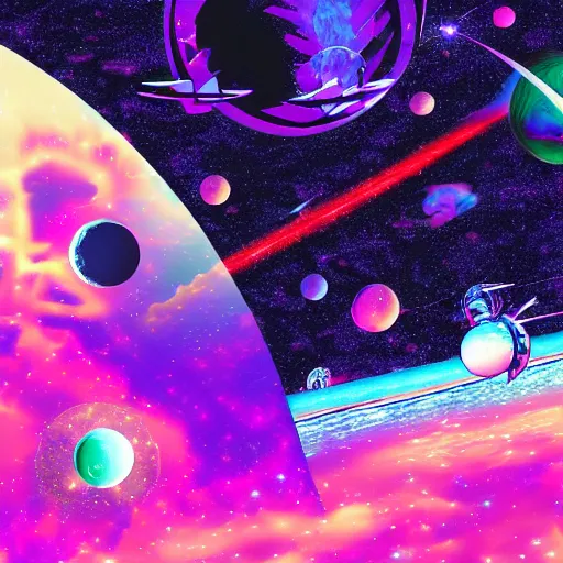 Image similar to space battle, psychedelic, vaporwave