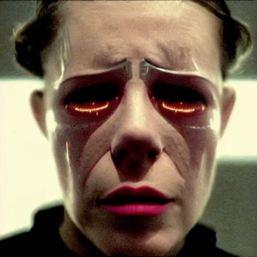 Image similar to movie still of a crying cyborg, cinematic composition, cinematic light, surreal cinema, by edgar wright and david lynch,