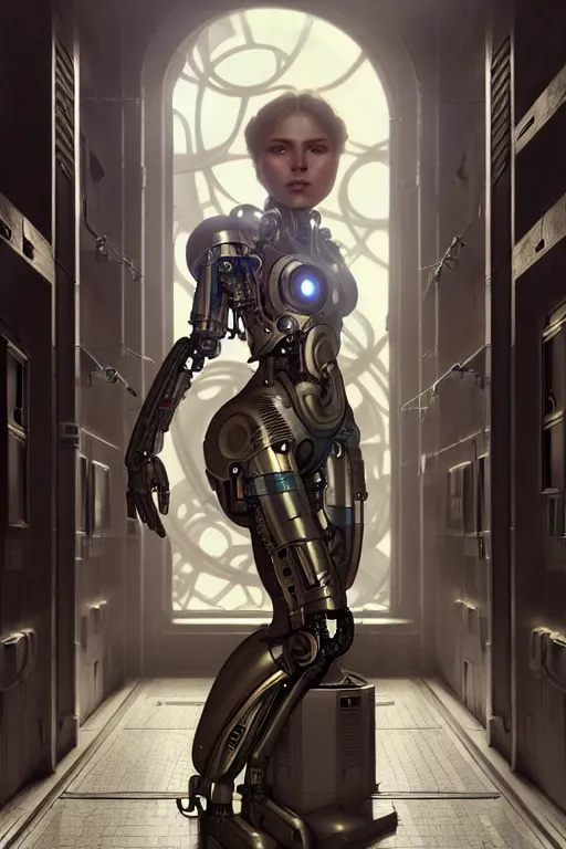 Image similar to ultra realistic, beautiful female cyborg in a utopian hallway in a space megalopolis, sci - fi, intricate details, eerie, highly detailed, octane render, 8 k, art by artgerm and alphonse mucha and greg rutkowski