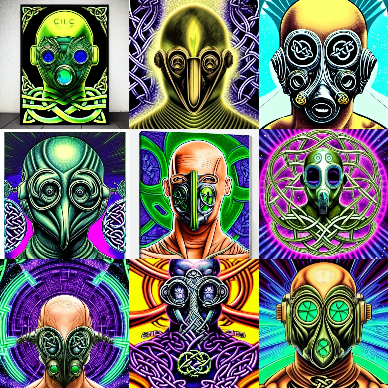 Prompt: a detailed image of a fashionable vin diesel extraterrestrial wearing a cybernetic majick celtic knot gas mask background is a tropical island in the style of william blake and alex grey and escher in the style of dark fantasy, fantasy, art deco, magic realism, award winning art, muted colors,