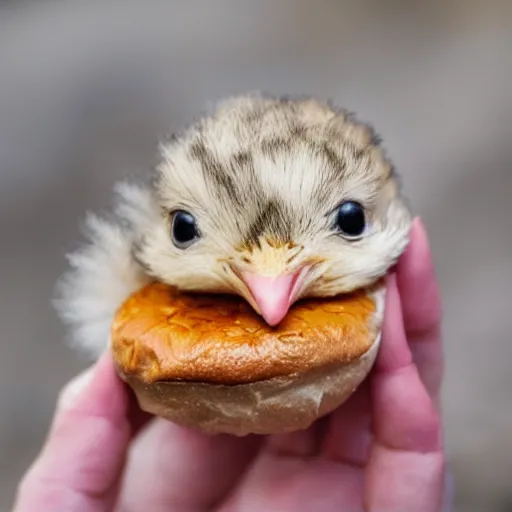 Prompt: a small chick animal on a hamburger