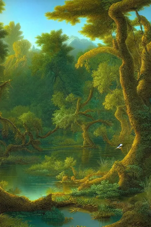 Prompt: forest with twisting fantasy tress and pond with birds, Digital Matte Illustration by asher brown durand