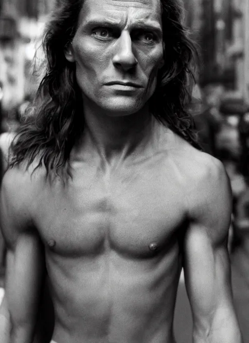 Prompt: film still, portrait of tarzan walk on the street of new york, by charlotte grimm, natural light, detailed face, beautiful features, symmetrical, 8 k, medium - format print, half body shot