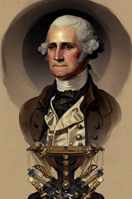 Image similar to george washington as a steampunk cyborg, portrait, western, steampunk, duster, fantasy, intricate, elegant, highly detailed, digital painting, artstation, concept art, sharp focus, illustration, art by artgerm and greg rutkowski and alphonse mucha