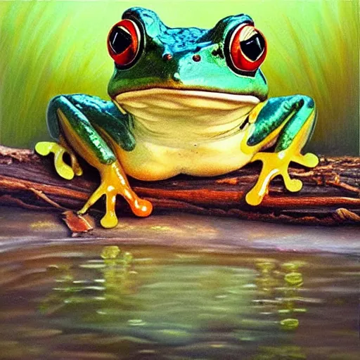 Image similar to beautiful oil painting painting of a frog wearing a crown in swamp