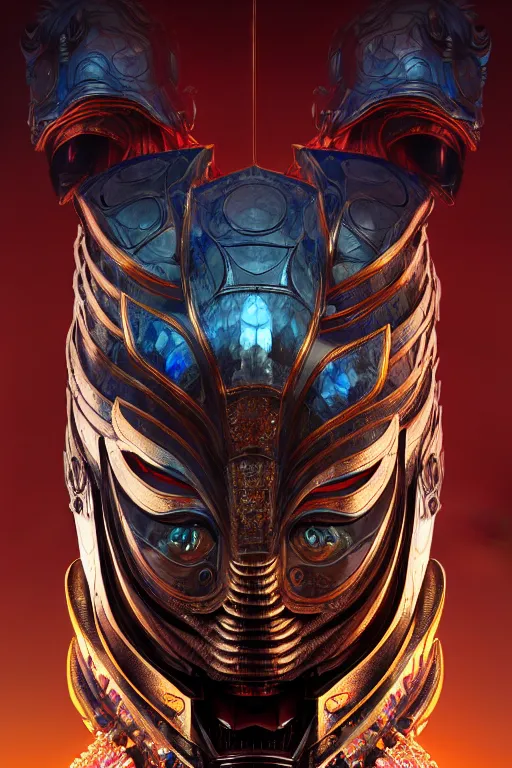 Prompt: asura from chinese myth, ghost, luxurious armor mixed with leather and metal, dystopian, cyberpunk, mecha, halfturn portrait of a big crystal face made of crystals half - turn, ominous, intricate, studio, art by anthony macbain + greg rutkowski + alphonse mucha, concept art, 4 k, sharp focus