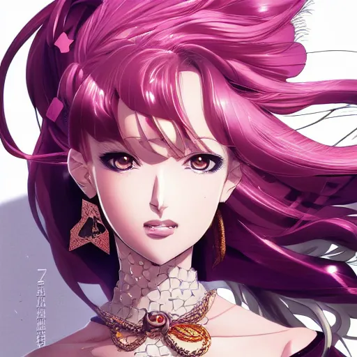 Image similar to Magazine Cover Anime key visual of a Gucci girl; official media; typography; drawn by Hirohiko Araki; Jojo's Bizarre Adventure; Jojolion, portrait, made by Stanley Artgerm Lau, WLOP, Rossdraws, James Jean, Andrei Riabovitchev, Marc Simonetti, Yoshitaka Amano, ArtStation