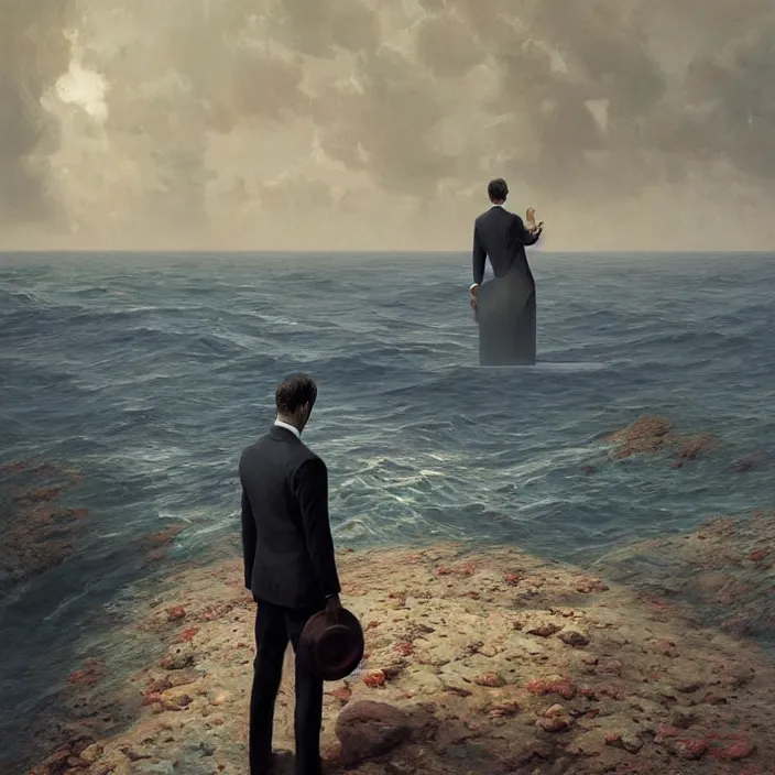 Image similar to a beautiful painting of a headless, armless man in a suit stands on the red sea by greg rutkowski and zdzisław beksinski and rene magritte, in style of digital art. hyper detailed, sharp focus, soft light. unreal engine 5. ray tracing. trending on artstation