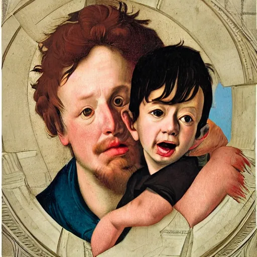 Prompt: hyperdetailed maximalist half-lenght portrait of a father with son. childrenbook illustration. mixed media collage in the style of Caravaggio and Raffaello. pastel tones. matte background.