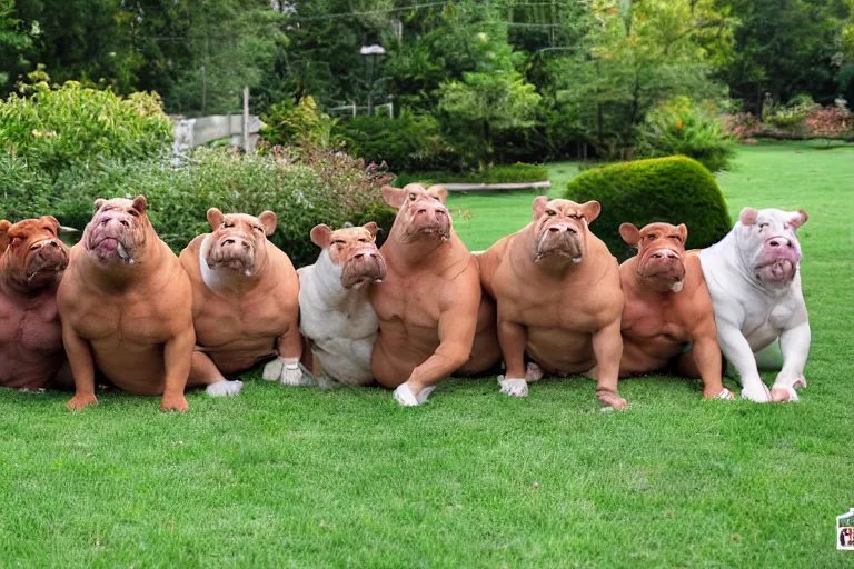 Prompt: strong muscle bull dogs posing in the yard