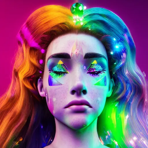 Prompt: A head and shoulders portrait of a Prismatic Spectrum Cosmic Magical Girl from the Rainbow Sky Paradise playing Dance Dance Revolution at Eurovision and Tomorrowland, full round face, beautiful piercing symmetric eyes, slight smirk, medium shot, ambient occlusion, DAZ, cinematic lighting, 3D render, unreal engine 5