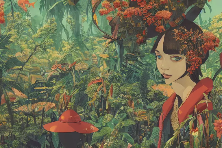 Image similar to 2 d gouache illustration, a lot of exotic vegetation, trees, many many many human heads, flowers, oldschool vintage sci - fi flat surreal design, super - detailed, painting by satoshi kon, hd, 4 k, high quality