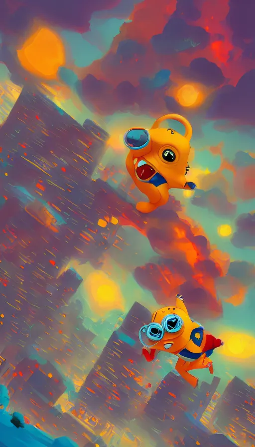 Image similar to painting of giant pororo attacking city, retrofuturism, behance, bold colors and shapes, trending on artstation