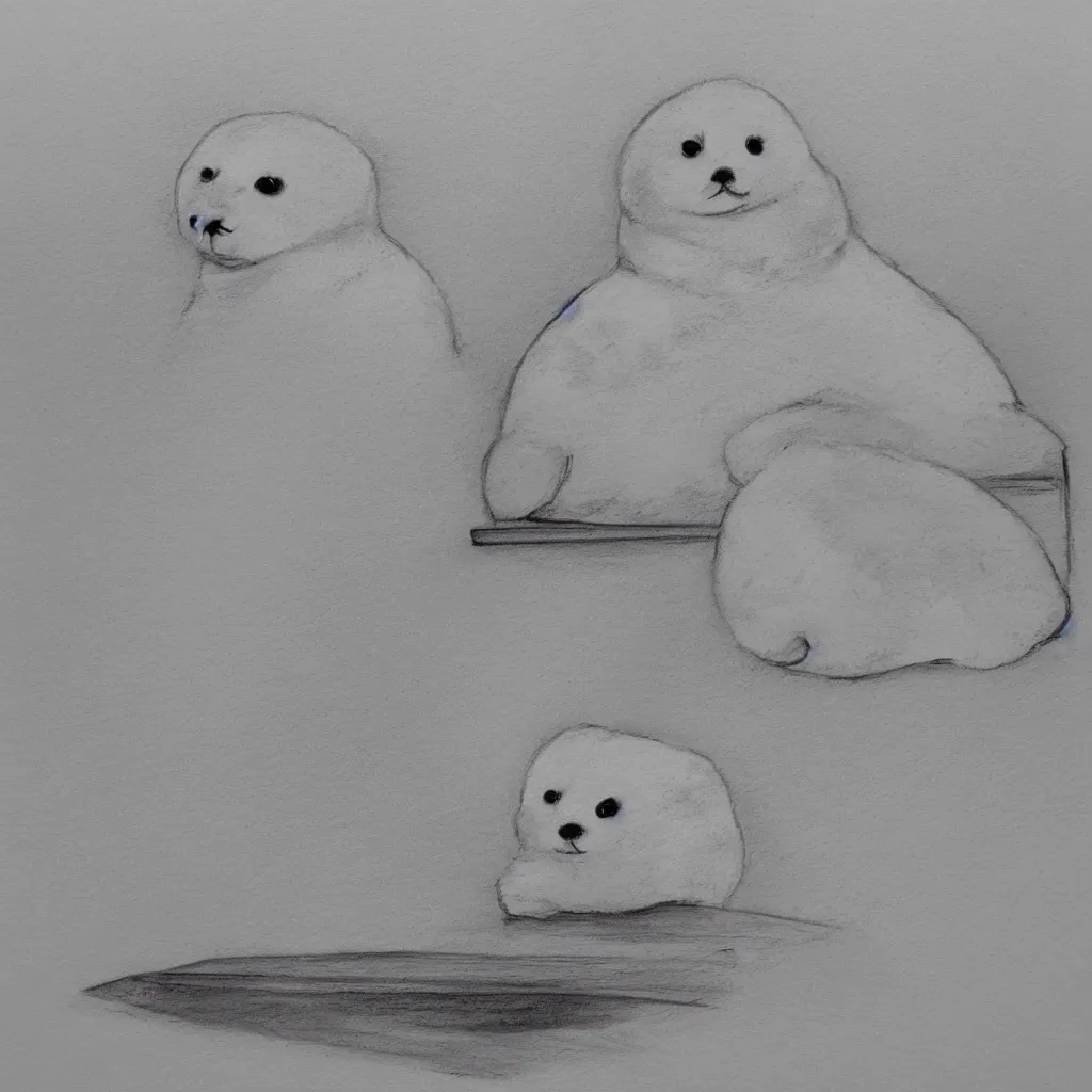 Prompt: one baby harp seal in an orange jumpsuit, sitting at the witness stand, courtroom sketch