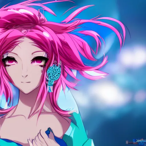 Image similar to stunningly beautiful omnipotent anime goddess with pink hair and mesmerizing cyan eyes, 8 k