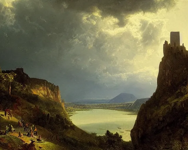 Prompt: “A landscape painting of Castle Drachenfels on cliffs overlooking the Rhine river. Dramatic lighting, stormclouds. By Albert Bierstadt and Asher Brown Durand.”