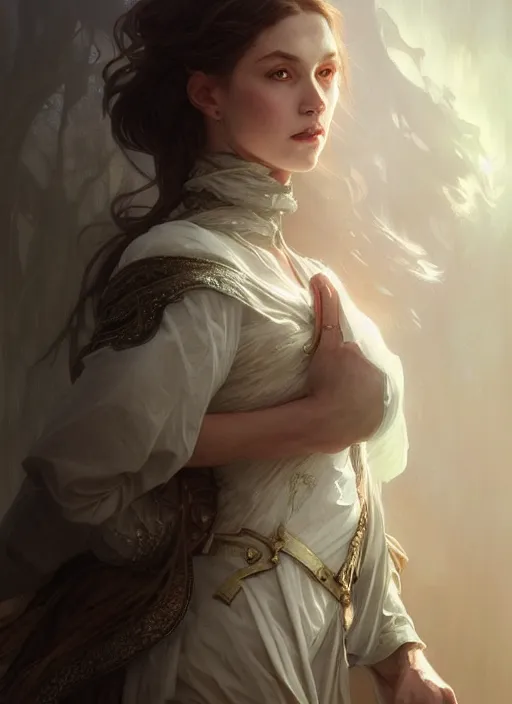 Image similar to portrait of person with face full of white mist, fantasy, medieval wear, intricate, elegant, highly detailed, digital painting, artstation, concept art, smooth, sharp focus, illustration, art by artgerm and greg rutkowski and alphonse mucha