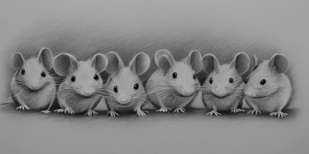 Image similar to a beautiful pencil drawing of exactly three!!!!! cartoon mice; masterpiece; extremely highly detailed; ultra-realistic; trending on artstation