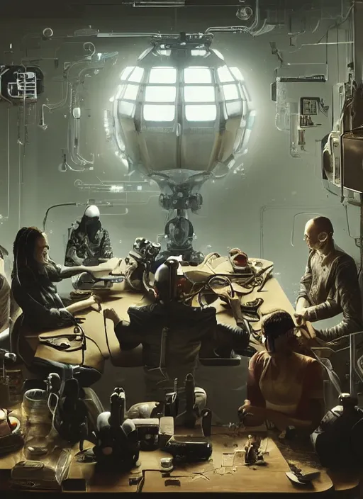 Prompt: a group of people sitting around a table in a room with giant michael winkelmann cyborg bust in center, cyberpunk art by rube goldberg, cgsociety, beeple, computer art, dystopian art, reimagined by industrial light and magic, concept art