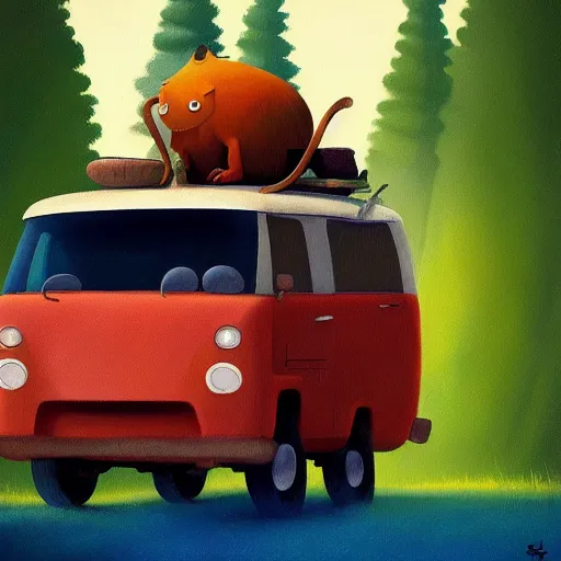 Image similar to goro fujita ilustration a hippie van traveling through the canada forest, painting by goro fujita, sharp focus, highly detailed, artstation