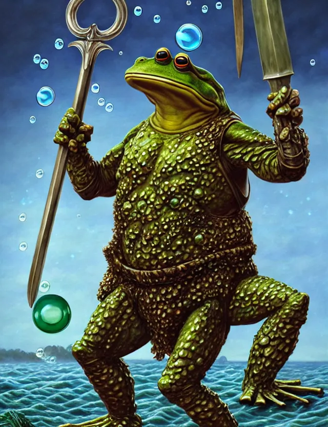 Prompt: anthropomorphic bipedal frog that is wearing steel plate armor, and holding a colossal sword in his hand, as a matte oil painting and d & d character art, by alex grey, standing, fullbody, floating bubbles, sea foam, ocean spray, award - winning, extremely detailed, sharp focus