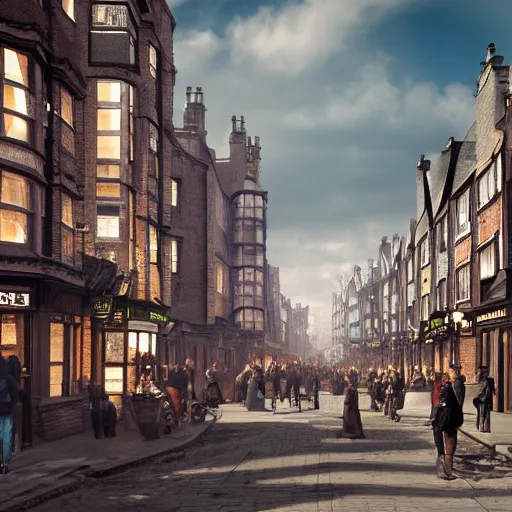 Image similar to 8 k hd detailed octane render of a bustling city street in victorian london