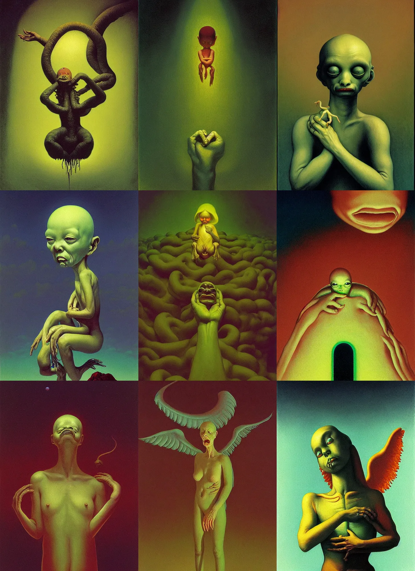 Prompt: the slimy and grotesque earthworm angel blesses us with their chromatic aberration glow, Edward Hopper and James Gilleard, Zdzislaw Beksinski, Mark Ryden, Wolfgang Lettl highly detailed, hints of Yayoi Kasuma