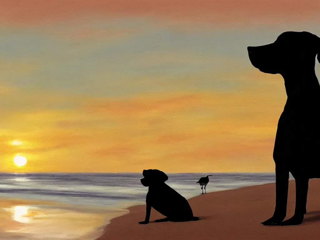 Prompt: hyperrealism a black dog in a brown hat and looking at a seagull, sitting on the beach, sunset