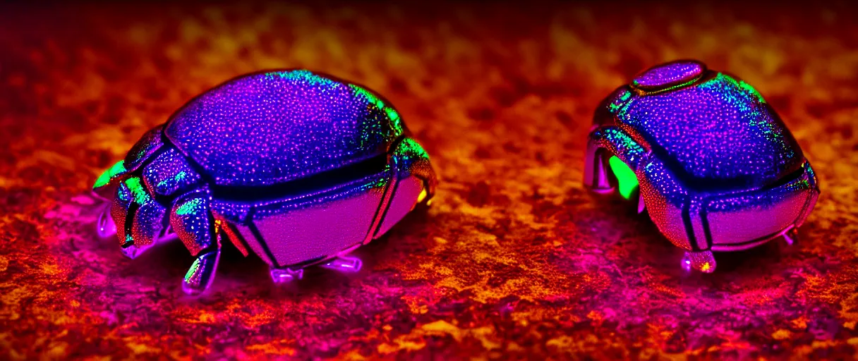 Image similar to high quality photo glowy iridescent cyborg scarab! jeweled gorgeous! highly detailed digital art david ligare peter zumthor cinematic purple neon lighting high quality low angle hd 8k sharp shallow depth of field