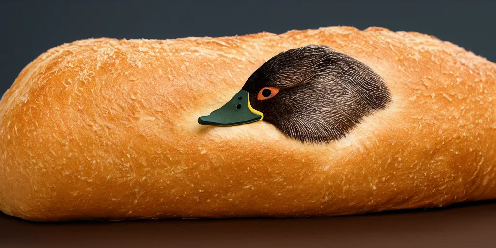 Image similar to A cute duck as a loaf of bread, realistic, close up, ambient lighting, ultra high detail.