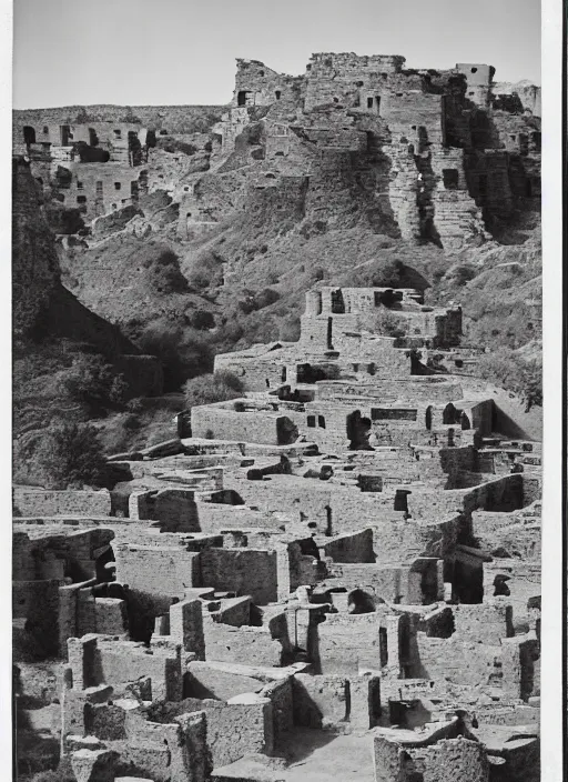 Prompt: Photograph of ancient pueblo ruins in a canyon, showing terraced gardens and lush desert vegetation in the foreground, albumen silver print by Timothy H. O'Sullivan.