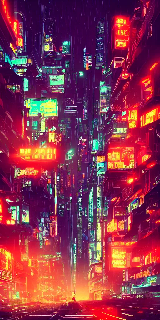 Image similar to Cyberpunk city, night, neon signs, rain, silhouettes, trending on ArtStation