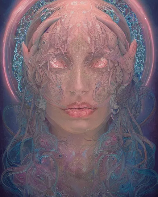 Image similar to centered beautiful detailed front view portrait of a woman with ornate growing around, ornamentation, flowers, elegant, beautifully soft lit, by wayne barlowe, peter mohrbacher, kelly mckernan,