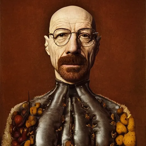 Image similar to giuseppe arcimboldo, walter white, full body shot, studio lightning