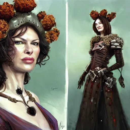 Image similar to doctor octavius as an attractive young smiling woman played by milla jovovich wearing a mushroom crown and heavy armoured wedding dress, face portrait, hd shot, digital portrait, elegant, beautiful, fantasy art, artstation, comic style, by artgerm, guy denning, jakub rozalski, magali villeneuve and charlie bowater