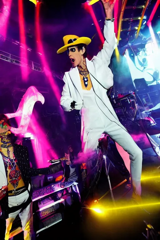 Prompt: perry farrell singing live on stag with jane's addiction, wearing a yellow fedora hat, white flared trousers and long tailcoat with large collars, 7 0's pimp style, huge angel wings behind him, photographic quality, live concert photo, photorealistic, stage lighting, lasers, neon glow, dry ice, dave navarro on guitar