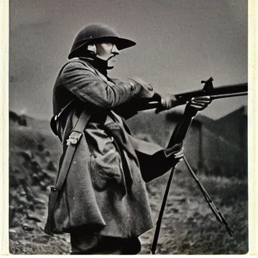 Prompt: Man aiming a musket, wearing World War 1 Stahlhelm, postapocalyptic, old polaroid photo