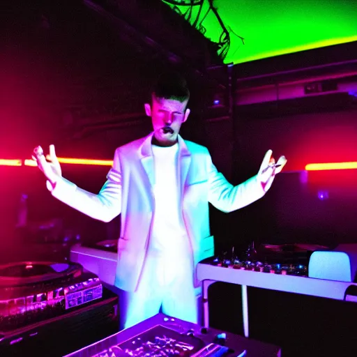 Image similar to the goat dj in a white jacket, retrowave, neon light,