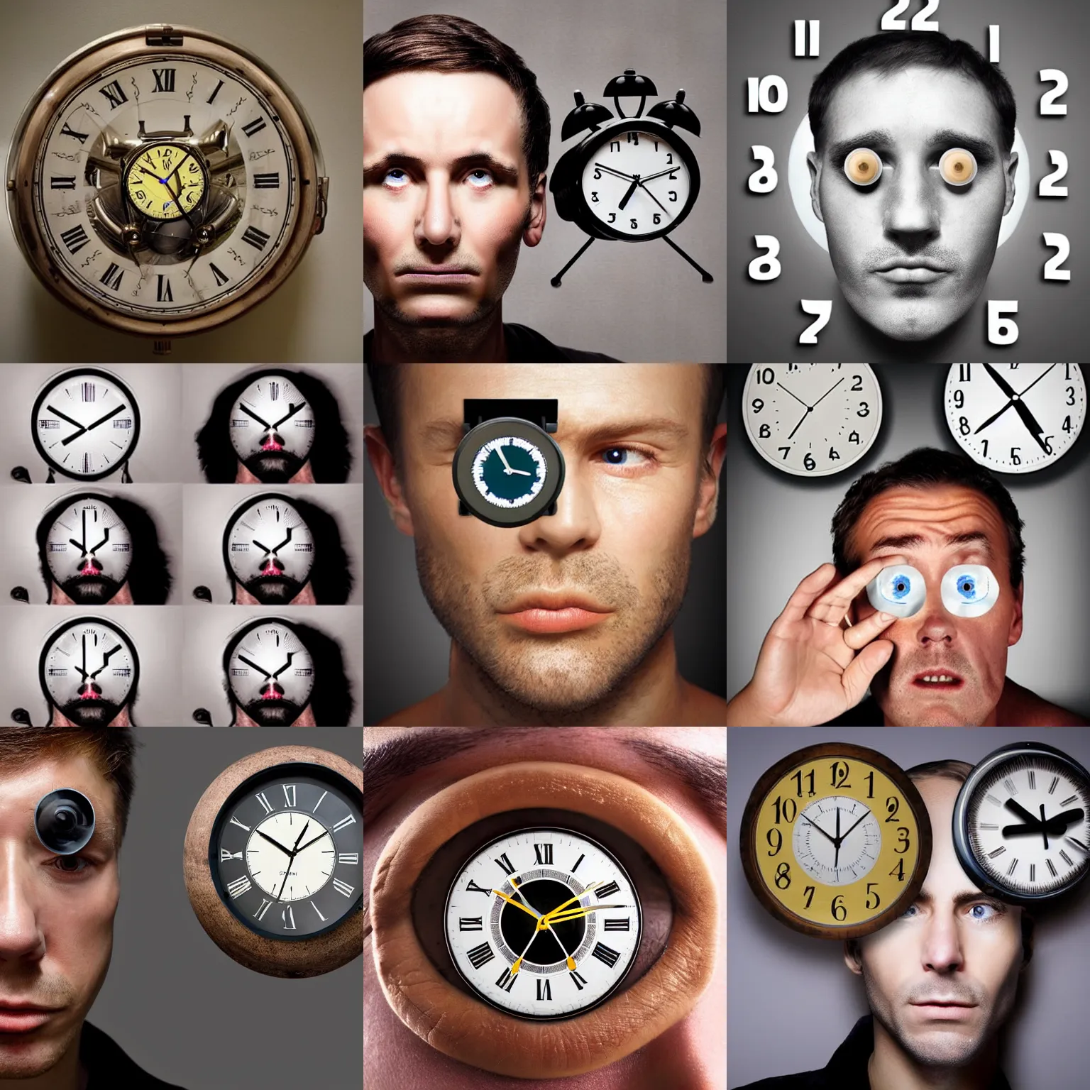 Prompt: mans face with clocks for his eyes surreal, absurd