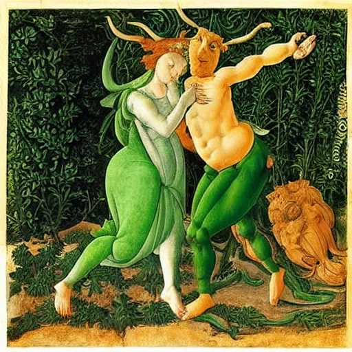 Prompt: two green-horned goblins dancing. by Sandro Botticelli