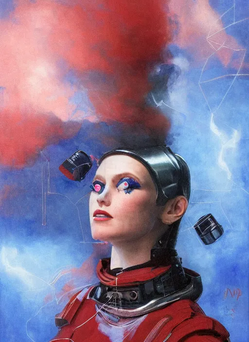 Image similar to ( ( symmetry ) ) closeup portrait of a ( cyborg ) vape girl, fashion mechanic jumpsuit with shiny shoulder pads, cinematic light, windy, red blue, ( ( volumetric smoke ) ), mist, by gerald brom, by mikhail vrubel, by peter elson, muted colors, extreme detail, trending on artstation, 8 k