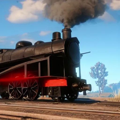 Image similar to futuristic sleek steam locomotive in red dead redemption 2