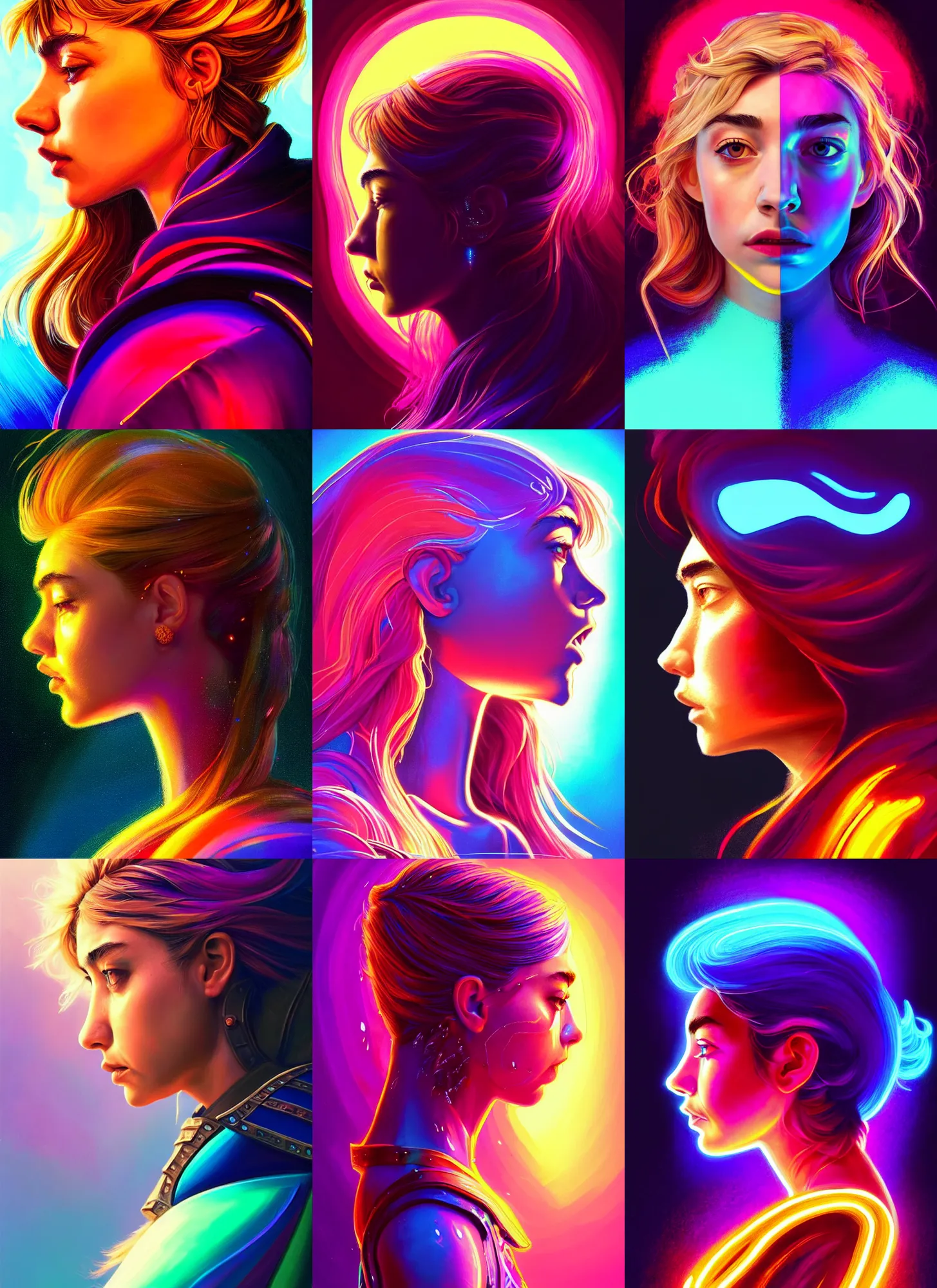 Prompt: side profile centered painted portrait, Imogen Poots as a Paladin, D&D, beautifully backlit, official fanart, colourful, sweat drops, fibonacci, fractals, insane, neon, intricate, highly detailed, digital painting, artstation, concept art, smooth, sharp focus, illustration, Unreal Engine 5, 8K, by artgerm and greg rutkowski and alphonse mucha and ilya kuvshinov