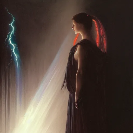 Image similar to concept art painting of attractive figure the called the ghost of the moonbow queen, black cloak, a rainbow in the dark, rainbow, by Michael Whelan, William Adolphe Bouguereau, John Williams Waterhouse, and Donato Giancola, cyberpunk, extremely moody lighting, glowing light and shadow, atmospheric, shadowy, cinematic, 8K